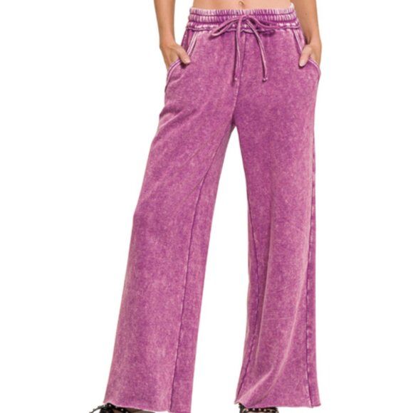 Zenana Outfitters Pants - #304 ACID WASH FLEECE PALAZZO PANTS WITH POCKETS
